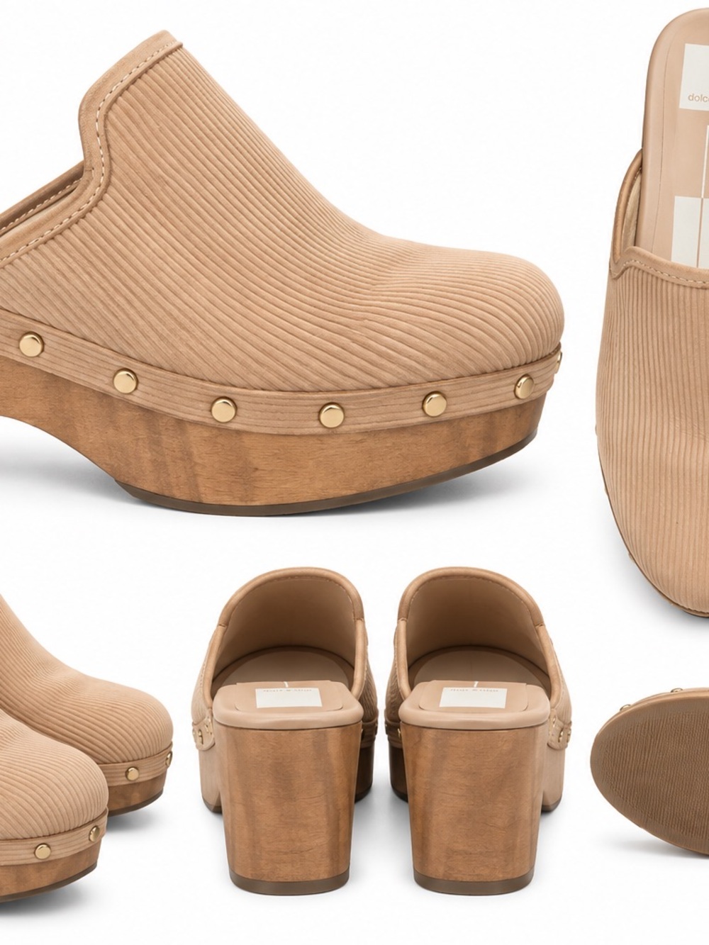 Dolce Vita Tan Ribbed Clog Mules with Wood Heel - Picture 2 of 4